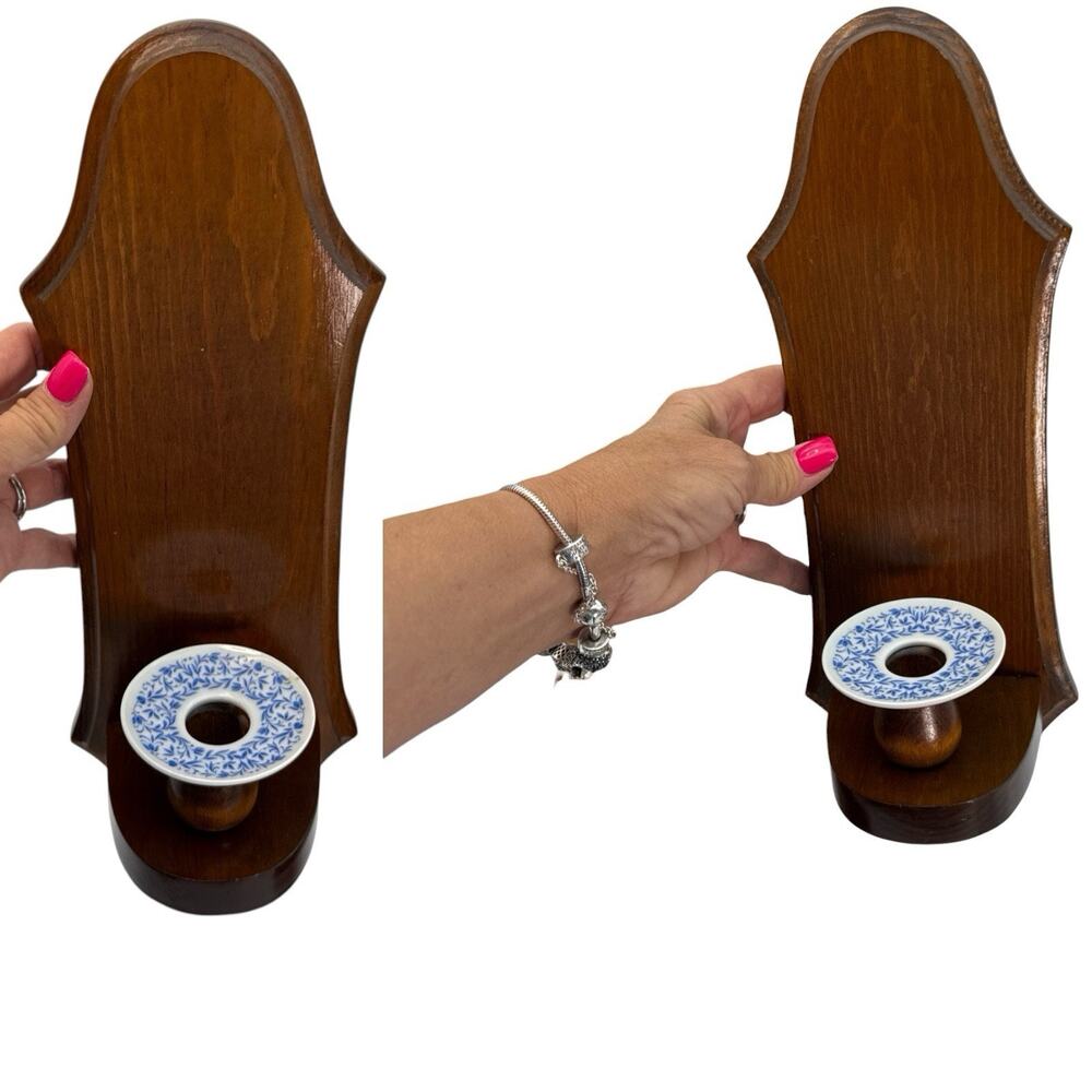 Pair of vintage wooden Candle Wall sconces W/Biedermann German Drip Plates